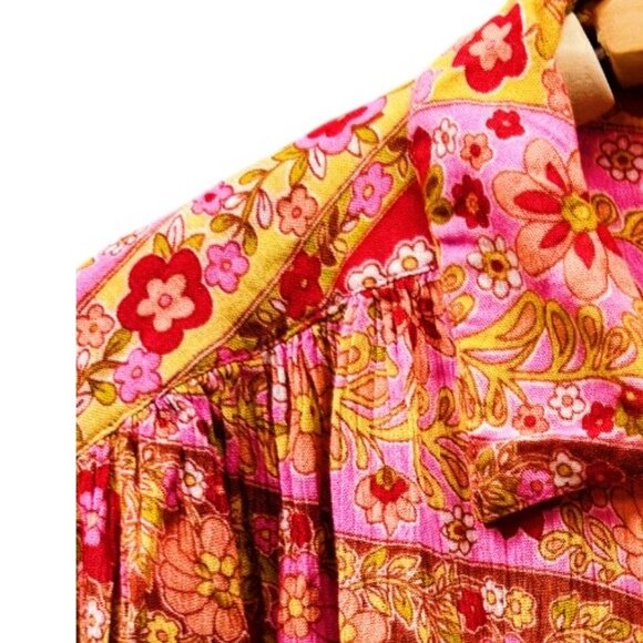 Billabong Womens Colorful Long Sleeve Button Down Floral Blouse Boho Peasant MED - Picture 3 of 10